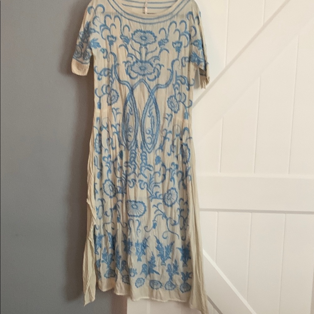 Free People Blue and Cream Bateau Neck Midi Sundress